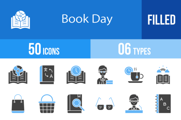 50 Book Day Blue and Black Icons for Modern Graphics