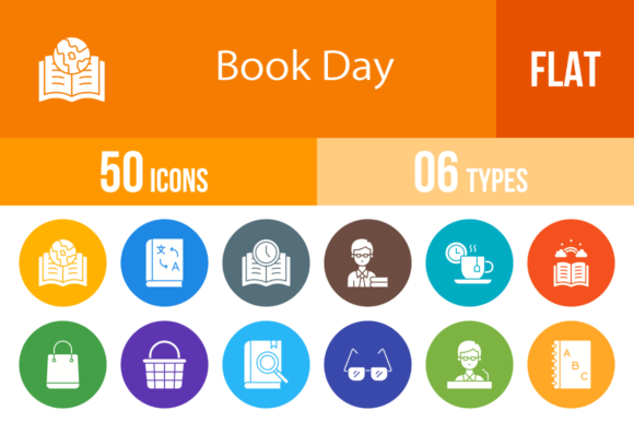 50 Book Day Flat Round Icons Graphics for Crafters
