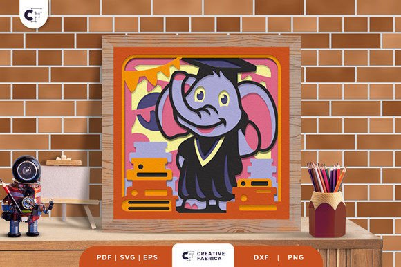 Baby Elephant on Graduation 3D Shadowbox for School and 3D SVG