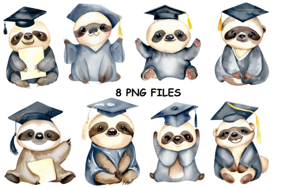 Cute Sloth Graduate Watercolor Clipart for Graphics and Illustrations
