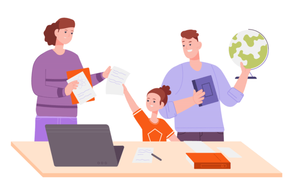Parents Help Kid with School Homework. H: Essential Graphics and Illustrations