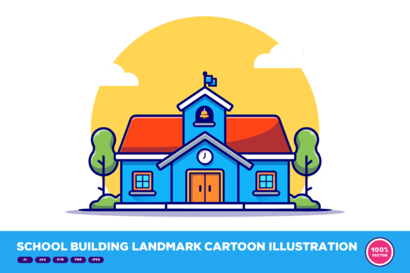 School Building Landmark Cartoon Graphics for Illustrations